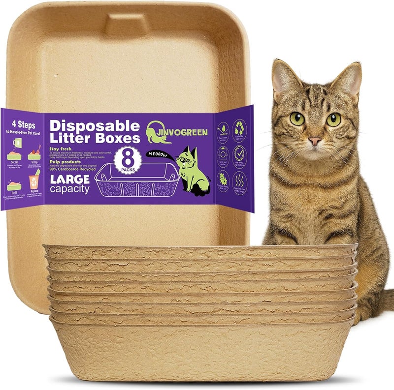 JINVOGREEN Disposable Litter Boxes for Cats, 8 Pack Cat Litter Trays for Travel, Temporary Use, or Liner – Leak-Proof, Eco-Friendly, Easy Clean-Up (16.1" x 12.4" x 3.7") - Image 1